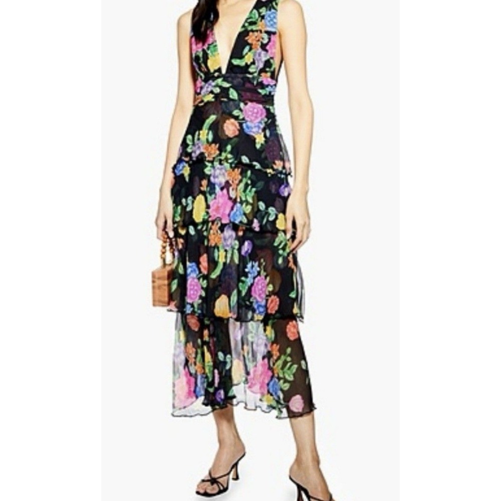 Topshop Sz 2 Freida Floral Pinafore Maxi Dress Babydoll Ruffle Sleeveless NWT